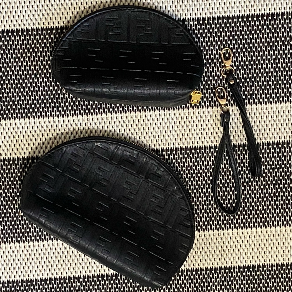Designer inspired F Black Cosmetic Bags with Gold Accents Set of 2